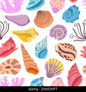 Motivo Seashell senza cuciture. Vongole sfondo, vongole stampa. Conchiglie marine e oceaniche, carta da parati estiva con corallo. Design vettoriale decente marino Illustrazione Vettoriale
