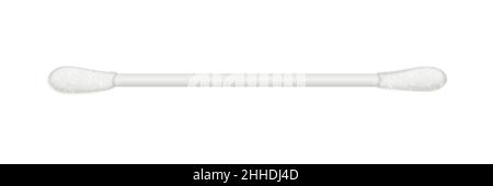 Bastoncino di cotone con tamponi assorbenti in lana su bastoncino flessibile in plastica illustrazione vettoriale. 3d attrezzo medico, trucco o igienico realistico, toletta per pulire s Illustrazione Vettoriale