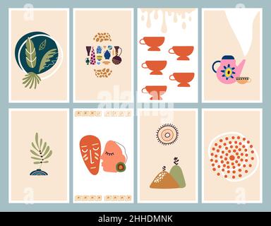 Poster da muro di arte primitiva. Schede stile boho con elementi astratti. Vasi con piante, tazze e mokko gocciolante, foglie e sole punteggiato, vettore Illustrazione Vettoriale