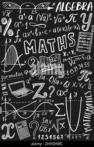 Set di icone dei simboli matematici. Algebra o matematica soggetto Doodle design. Concetto di istruzione e studio. Sfondo di ritorno a scuola per notebook, non pad Illustrazione Vettoriale