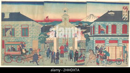 Illustrazione delle residenze straniere e della Chiesa Cattolica di Yokohama (Yokohama sh?kan tenshud? No zu) 10th mesi, 1870 Utagawa Hiroshige III giapponese. Illustrazione delle residenze straniere e della Chiesa Cattolica di Yokohama (Yokohama sh?kan tenshud? no zu). Utagawa Hiroshige III (giapponese, 1843–1894). Giappone. 10th mesi, 1870. Triptico di stampe a blocchi di legno; inchiostro e colore su carta. Periodo Meiji (1868–1912). Stampa Foto Stock