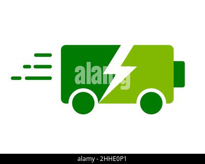 Concetto di veicolo a batteria. Batteria verde con ruote. Auto elettrica con simbolo del fulmine. Trasporto ecologico. Stazione di ricarica. Illustrazione Vettoriale