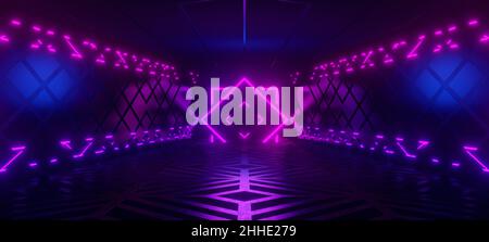 Futuristica Sci Fi Blue Purple Neon luci che si illuminano in metallo Paterna Floor Room con Refelctions Empty Space 3D rendering Foto Stock