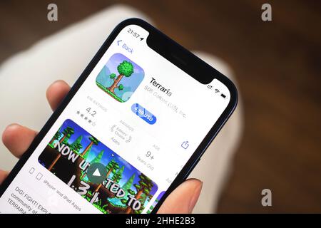 Kharkov, Ucraina - 19 gennaio 2022: App di gioco Terraria. Ragazza che tiene il telefono cellulare con gioco e vuole giocare. Il concetto popolare di giochi per dispositivi mobili Foto Stock