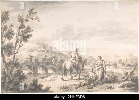 Paesaggio fluviale con due mendicanti e altre figure 1709–84 attribuite a Giuseppe Zais italiano. Paesaggio fluviale con due mendicanti e altre figure 340040 Foto Stock