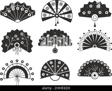 Ventole della carta nere. Silhouette monocromatiche vintage cinesi, forme diverse, souvenir tradizionali decorativi, splendidi strumenti di piegatura asiatici, giapponese Illustrazione Vettoriale