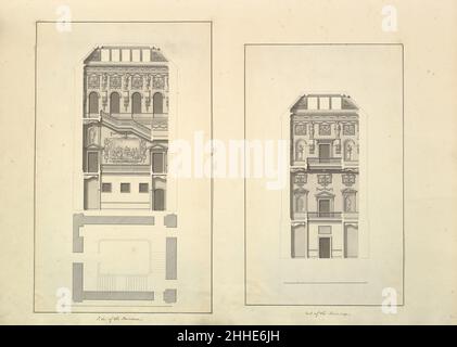 Foglia di Aedes Walpolianae montata con due disegni (a): Lato della scala, Houghton Hall, Norfolk, Elevation; (b): Fine della scala, Houghton Hall, Norfolk 1735 Isaac Ware British questi disegni si riferiscono al libro di Isaac Ware e Thomas Ripley 'The Plans, Elevations and Sections, Chimney-Pieces and Maximes of Houghton in Norfolk' (pubblicato per la prima volta nel 1735; seconda edizione nel 1755 con aggiunta 'Descrizione delle immagini a Houghton' di Horace Wappole). Foglia da Aedes Walpolianae montato con due disegni (a): Lato della scala, Houghton Hall, Norfolk, Elevation; (b): Fine della scala, Houg Foto Stock