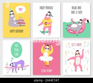 Carte cute slots. Animali divertenti in diverse attività con testo, inviti a feste di compleanno e saluto. Personaggi hobby e relax, tropicale Illustrazione Vettoriale