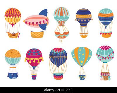 Palloncini ad aria calda a disegno. Trasporto Vintage flying, oggetti decorativi colorati e luminosi, metodi di viaggio retrò romantici, visite turistiche, vettore Illustrazione Vettoriale