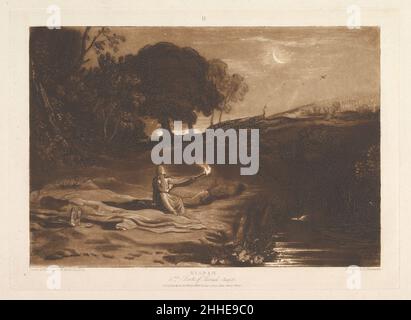 Rispah, 2nd Libro di Samuel, Capitolo 21 (Liber Studiorum, parte IX, piatto 46) 23 maggio 1812 progettato e inciso da Joseph Mallord William Turner British Turner distillò le sue idee sul paesaggio in 'Liber Studiorum' (latino per il Libro degli Studi), una serie di settanta stampe più un frontespizio pubblicato tra il 1807 e il 1819. Per stabilire le composizioni, ha realizzato disegni acquerelli marroni, poi inciso contorni su lastre di rame. Gli incisori professionali solitamente svilupparono il tono sotto la direzione di Turner, e Dunkarton qui aggiunse mezzotinta per descrivere un argomento raccapricciante dell'Antico Testamento. Dopo il dea Foto Stock