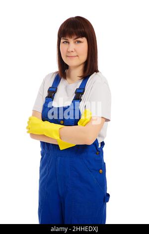 ritratto di donna in uniforme blu e guanti gialli isolati su sfondo bianco Foto Stock