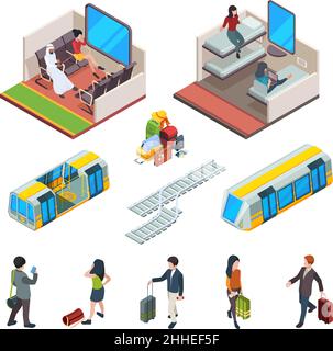 Treni della metropolitana. Metropolitane urbane metropolitane isometriche all'interno dei treni interni con posti per i viaggi con bagagli vettore metropolitana Illustrazione Vettoriale
