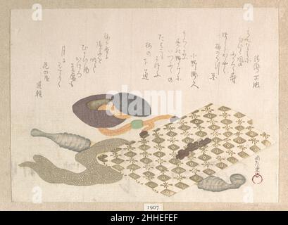 PouchFrom the Spring Rain Collection (Harusame shū), vol. 1 ca. 1810s Kubo Shunman Japanese Surimono sono stampe di blocco di legno pubblicate privatamente, solitamente commissionate da poeti individuali o gruppi di poesie come forma di biglietto di auguri di Capodanno. Le poesie, più comunemente kyōka (verse spiritoso trentuno-sillabe), inscritte sulle stampe di solito includono immagini felicemente connesse con la primavera, che nel calendario lunare inizia il primo giorno del primo mese. I temi del surimono sono spesso eruditi, spesso alludendo ai classici letterari giapponesi sia nei testi che nelle immagini.questo album Foto Stock