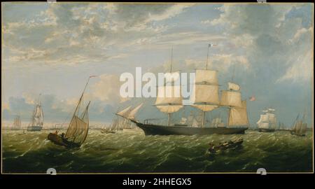 Lo Stato d'oro che entra nel porto di New York 1854 Fitz Henry Lane (ex Fitz Hugh Lane) americano influenzato dal pittore inglese Robert Salmon, Lane, all'inizio della sua carriera, dipinse i porti e le navi di Boston; del suo nativo Gloucester, Massachusetts; E, per un periodo nei primi mesi del 1850s, di New York City. La Clipper nave Golden state è stato costruito a New York nel 1852 e, come suggerisce il nome, ha piovuto i mari intorno a Capo Horn in California quando il viaggio terrestre attraverso il continente nordamericano era ancora inaffidabile e prima dell'apertura del canale di Panama nel 1914 Foto Stock