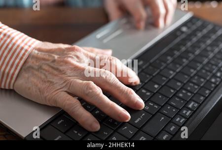 La vecchia donna sta digitando le mani sulla tastiera di un computer portatile Foto Stock