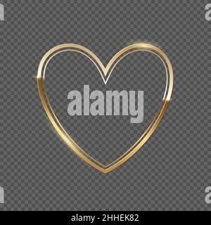Doppia cornice dorata con illustrazione vettoriale a forma di cuore. Realistiche 3D eleganti linee d'oro con glitter isolato su sfondo trasparente Illustrazione Vettoriale