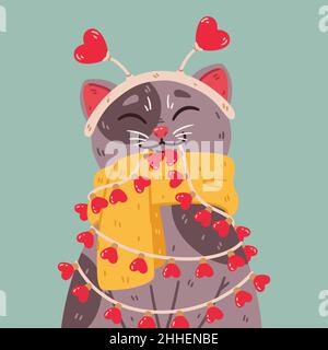 Gatto con cuori con archetto, sciarpa calda, lampade garland. San Valentino 14 febbraio biglietto di auguri. Carino illustrazione vettoriale Illustrazione Vettoriale