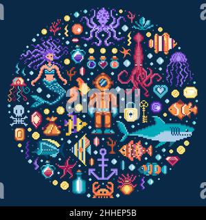 Pixel Art Underwater Adventure 8 bit Print Illustrazione Vettoriale