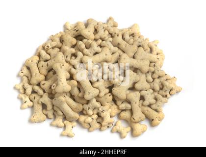 mucchio di osso hathy forma cane e biscotti del cucciolo tratta usato per addestramento e occasioni su un macrofone bianco isolato di fondo Foto Stock