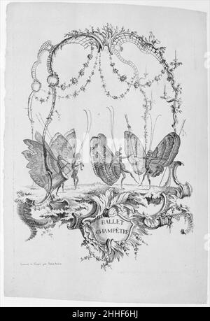 Balletto di campagna (Balletto Champêtre), dall'Essai de Papilloneries Humaines per Saint Aubin ca. 1756–60 Charles Germain de Saint-Aubin Balletto francese di campagna (Balletto Champêtre), da 'Essay on Human Butterfles di Saint Aubin' (Essai de Papilloneries Humaines par Saint Aubin), con un disegno per un palco su cui si erigono quattro 'farfalle umane', vestite con leotard insetto, maschere con lunghe antenne, e grandi ali di farfalla sulle loro spalle. Due di loro, a sinistra, suonano strumenti, mentre gli altri due, a destra, ballano. Il palcoscenico presenta un pascolo, che si erge su una base fatta Foto Stock