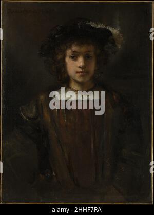 Il figlio di Rembrandt Tito (1641–1668) stile di Rembrandt olandese il soggetto sentimentale del figlio di Rembrandt Tito, morto un anno prima di suo padre, era uno dei preferiti dei Fugger di Rembrandt, che occasionalmente non riuscì a coordinare la data sulla loro tela con lo stile di esecuzione e l'età della sitter. L'attuale pittore è stato più attento, facendo evidentemente riferimento ad un ritratto originale di Tito come quello del 1657 nella Wallace Collection di Londra, e, per il costume, ad un autoritratto o ad un altro dipinto di Rembrandt del periodo; la stessa posa e disposizione della figura nella composizione Foto Stock