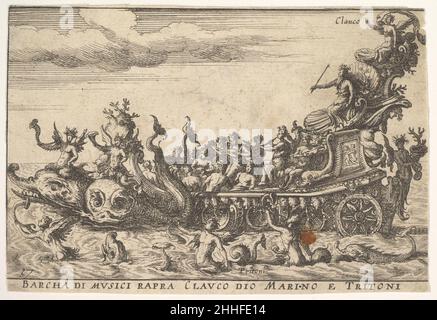 Targa 16: Nave di musicisti con il mare dio Clauco e tritoni (Barcha di musici rapra Clauco dio marino e Tritoni), dalla serie 'il magnifico spettacolo sul fiume Arno a Firenze per il matrimonio del Granduca' (Le Magnifique carosello fait sur le fleuve de l'Arne a Florence, pour le mariage du Grand Duc), per la celebrazione del matrimonio di Cosimo de' Medici a Firenze, 1608 1664 Anonimo. Targa 16: Nave di musicisti con il mare dio Clauco e tritoni (Barcha di musici rapra Clauco dio marino e Tritoni), dalla serie 'il magnifico spettacolo sul fiume Arno a Firenze per t Foto Stock