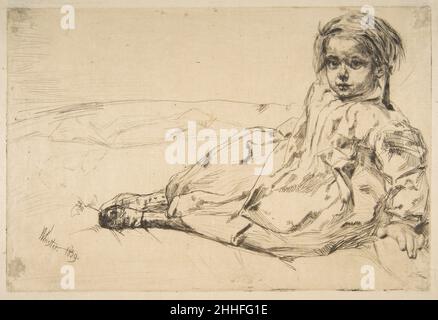 Bibi Valentin 1859 James McNeill Whistler American questa immagine di una giovane ragazza seduta su un letto, indossando un abito lungo e stivali alti con bottoni, proviene da una serie di ritratti che Whistler ha fatto nel 1859. Il soggetto, il cui nome di animale domestico era Bibi, era una figlia della famiglia Valentin. Sua madre scrisse in seguito all'artista per ricordargli che vivevano in Rue des Sts. Pères a Parigi quando l'incisione è stato fatto. La collezione del Met comprende altre due impressioni (83.1.19 e 17.21.69). Bibi Valentin 372514 Foto Stock