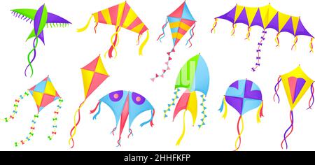 Aquilone isolato. Acari colorati Cartoon, giocattoli estivi per bambini per giochi all'aperto. Happy Wind festival elementi, aria volare oggetti semplici, ordinato vettore set Illustrazione Vettoriale