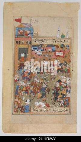 'L'esercito ottomano che entra in una città', Folio da un Divan di Mahmud 'Abd al-Baqi il quarto 16th secolo Mahmud 'Abd al Baqi Ottomano questa copia manoscritta del Divan di Mahmud al-Baqi (opere raccolte) contiene poesie che esaltano i piaceri e gli eventi notevoli della vita di corte nel tardo XVI secolo di Istanbul. Questo dipinto illustra l'arrivo del principe Safavid Haidar Mirza, inviato alla corte ottomana come ostaggio per adempiere i termini di un trattato tra gli Ottomani e i Safavidi. 'L'esercito ottomano che entra in una città', Folio da un Divan di Mahmud 'Abd al-Baqi 450587 Foto Stock