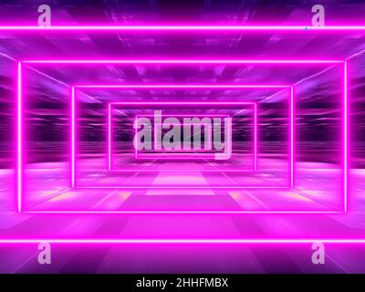 Tunnel o portale realizzato con linee di neon luminose - illustrazione astratta del 3D Foto Stock