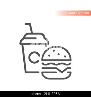 Hamburger e soda, fast food e bevande icona. Contorno, simbolo tratto modificabile. Illustrazione Vettoriale