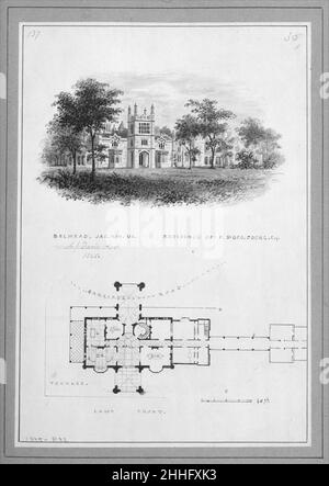 'Belmead', James River, Virginia, residenza di Philip St. George Cocke (vignetta di elevazione e piano lungo il fiume) 1845 Alexander Jackson Davis American. 'Belmead', James River, Virginia, residenza di Philip St. George Cocke (vignetta di elevazione e di piano lungo il fiume) 394164 Foto Stock