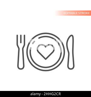 Icona con contorno a forcella, coltello, piastra e cuore. Amore cibo vettore simbolo. Illustrazione Vettoriale