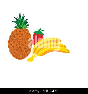 Fragole, banane e ananas in un semplice set vettoriale Illustrazione Vettoriale