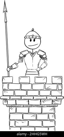 Guardia Soldier Guardia sulla Torre del Castello, Vector Cartoon Stick Illustrazione Illustrazione Vettoriale