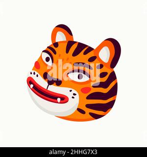 Testa vettoriale della tigre, faccia divertente della tigre cartoon su sfondo bianco. Illustrazione Vettoriale