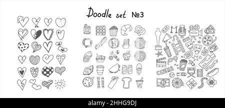 Grande set di caffè e tè fatti a mano. Un set di vettori isolati che disegnano cuori, spuntini, prodotti alimentari veloci. Dolci fatti a mano, dessert Illustrazione Vettoriale