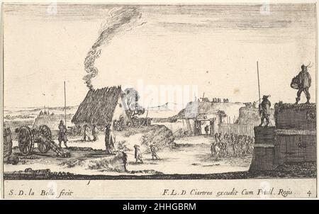 Targa 4: Accampamento militare con un soldato in piedi su un parapetto a destra battendo un tamburo, da 'varie Caprice militari' (Vari capricci militari) ca. 1641 Stefano della Bella italiano. Targa 4: Accampamento militare con un soldato in piedi su un parapetto a destra battendo un tamburo, da 'varie Caprice militari' (Vari capricci militari) 412509 Foto Stock