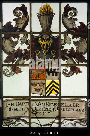 Vetrata ca. 1656 Evert Duyckinck l'americano Evert Duyckinic era uno dei primi artisti in vetro in questo paese. Quando emigrò con la sua famiglia a New Amsterdam nel 1638, fu registrato in documenti storici come un “colorante di vetro”, o un “limner”. Questa finestra, decorata con lo stemma di Van Rensselaer, fu una delle numerose pannelli armoriali donate nel 1656 alla prima chiesa protestante riformata olandese di Beverwyck (oggi Albany), New York. Il donatore di questo esempio è stato Jan Baptist Van Rensselaer, direttore della grande tenuta conosciuta come Rensselaerwyck. AFT Foto Stock
