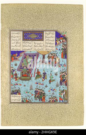 'Shangul Stirs the Khaqan's Council to War on Rustam', Folio 276V dal Shahnama (Libro dei Re) di Shah Tahmasp ca. 1525–30 Abu'l Qasim Firdausi quando Pirano ritorna, il khaqan presiede un consiglio degli alleati. Shangul, The shah of Hind (India), spazzola via il suggerimento di Pirano di accettare le condizioni di Rustam. Invece vuole impegnarsi in un unico combattimento con Rustam. Nel frattempo, Piran e il suo clan considerano Shangul come un fallo e si preparano a allontanarsi dai suoi partigiani sul campo di battaglia. 'Shangul agita il Consiglio dei Khaqan per la guerra su Rustam', Folio 276V dal Foto Stock