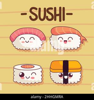 quattro simpatiche icone di sushi kawaii Illustrazione Vettoriale