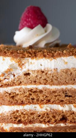Deliziosa fetta di spugna a strati e panna cake, da vicino Foto Stock