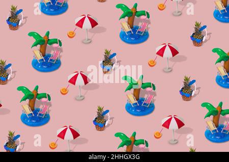 Motivo estivo alla moda realizzato con varie cose estive su sfondo rosa brillante. Minimo concetto di vacanza estiva. Foto Stock