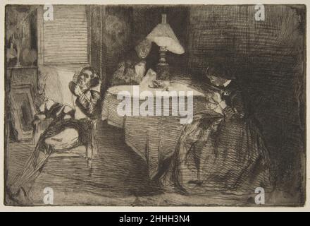 The Music Room 1859 James McNeill Whistler American Whistler si è trasferito a Londra da Parigi lin 1859. Dopo aver pubblicato il "set francese" nel novembre precedente, continuò a utilizzare l'incisione per esplorare nuovi effetti visivi. Qui, un interno illuminato da lampada è occupato dalla sua mezza sorella Deborah, cognato Seymour Haden a sinistra, e il partner medico di Haden James Traer, tutti mostrati lettura. Sono nella casa di Haden su 62 Sloane Street a Chelsea. Confrontando questo secondo stato dell'incisione con il primo (MMA 18,1.18) si dimostra come Whistler iniziò con forme quasi inghiottite dall'oscurità, poi alleggerì l'ov Foto Stock