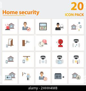 Set di icone di sicurezza domestica. Raccolta di elementi semplici quali il sistema di allarme, la verifica delle chiamate, la centrale di controllo, la chiamata di emergenza, l'allarme antincendio, casa Illustrazione Vettoriale