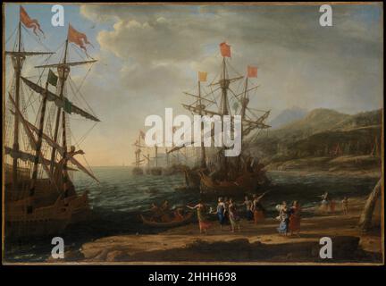 Le donne trojan che hanno impostato il fuoco alla loro flotta ca. 1643 Claude Lorrain (Claude Gellée) i cieli luminosi e gli effetti atmosferici di Claude Lorrain sono pietre miliari della pittura europea. Come il suo Poussin contemporaneo, Claude guardò il paesaggio attraverso una lente classica: Egli rappresenta le donne di Troia che incendiano le loro navi nel tentativo di porre fine anni di vagabondare dopo che la loro città è stata sequestrata dai greci. Nuvole lontane e piogge presagono la tempesta inviata da Giove alla richiesta di Enea di placare la bizzarro. Il soggetto deve essere particolarmente appellato all'uomo che lo commissionò. Cardinale Girolamo Foto Stock