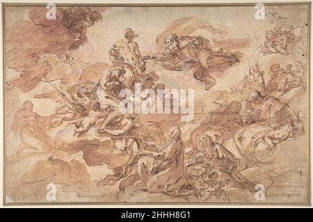 San Giuseppe presentato dalla Vergine alla Santissima Trinità ca. 1735 Corrado Giaquinto italiano nel 1965, Antonio M. Clark identificò questo disegno come uno studio per l'affresco di Giaquinto, eseguito intorno al 1735-39 sulla volta di una cappella dedicata a San Giuseppe nella chiesa di Santa Teresa di Torino. La cappella, disegnata da Filippo Juvarra, fu messa in servizio da Carlo Emanuele III, il 'Re di Sardegna' menzionato nell'annotazione sul verso del foglio. Giaquinto fornì anche tele laterali per la cappella, un 'riposo sul volo in Egitto' e la 'morte di San Giuseppe'. Altri tredici disegni di G. Foto Stock