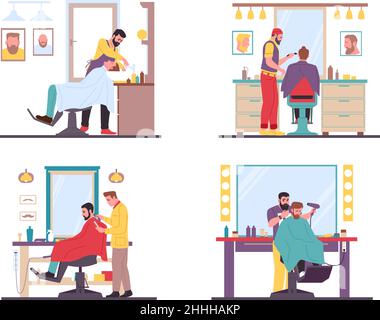 Barbieri con uomini clienti. I parrucchieri danno i capelli. Parrucchieri shampoo e taglio. Styling e rifinitura. Salone di bellezza professionale. Luogo di lavoro Illustrazione Vettoriale