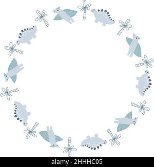 Corona circolare Vector con dinosauri e palme. Dino disegnato a mano con posto per il bambino il tuo testo su sfondo bianco. Biglietto d'auguri, poster Illustrazione Vettoriale