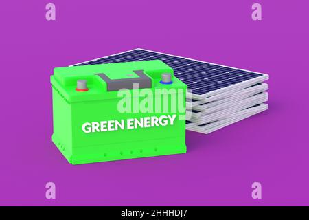 Batteria auto con iscrizione di energia verde vicino ai pannelli solari. Elettricità ecologica. Nuove tecnologie. Protezione ambientale. 3d ren Foto Stock